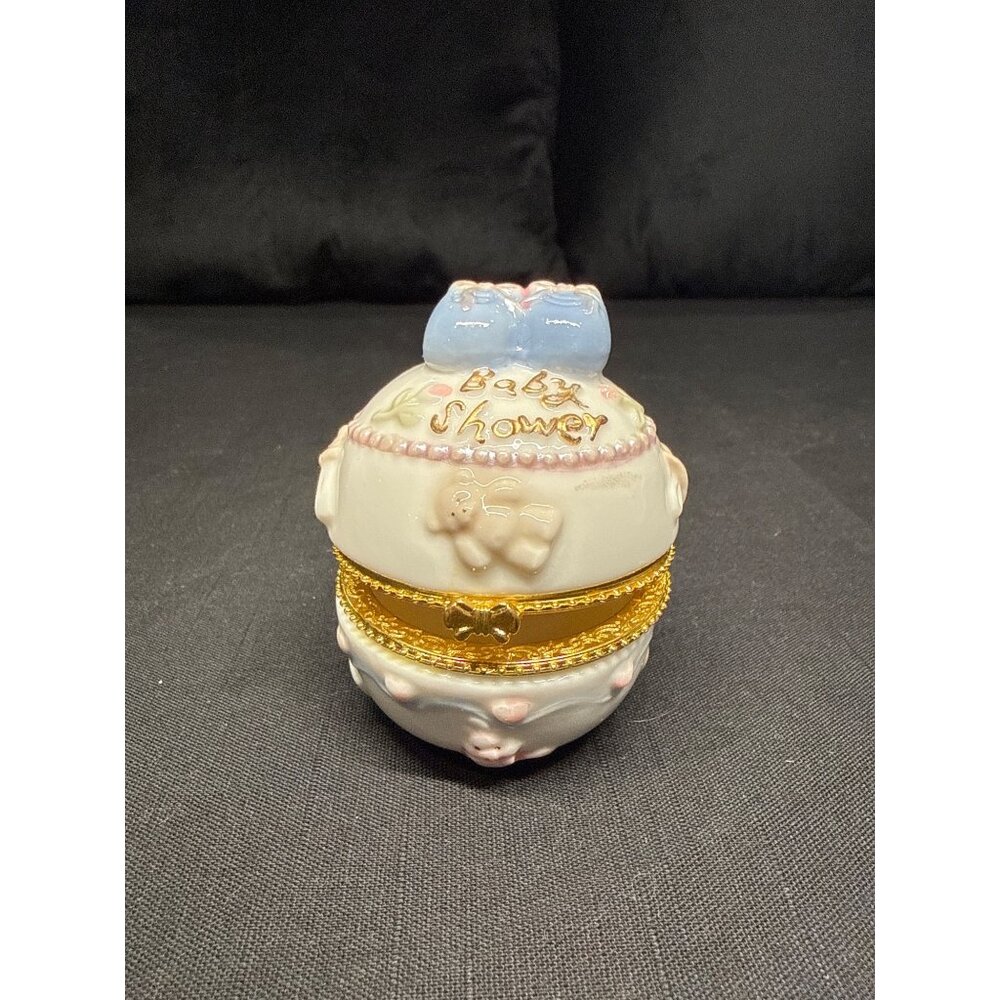 Baby Shower Trinket Box Porcelain Egg-Shaped With Gold Hinge And Pastel Baby